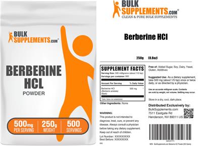 BulkSupplements.com Berberine HCL Powder 500 mg source label used in the packaging illustration