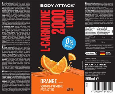 Body Attack L-Carnitine 2000 Liquid Orange Flavour 0% Sugar source label used in the packaging illustration