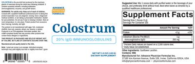 Advance Physician Formulas Colostrum source label used in the packaging illustration