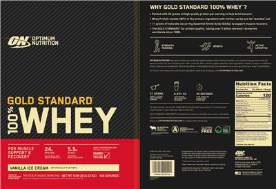 ON Optimum Nutrition Gold Standard 100% Whey Vanilla Ice Cream source label used in the packaging illustration