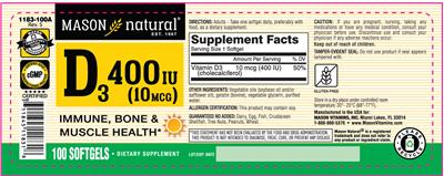 Mason Natural D3 400 IU (10 mcg) source label used in the packaging illustration