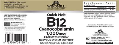 Windmill Quick Melt B12 Cyanocobalamin 1000 mcg source label used in the packaging illustration
