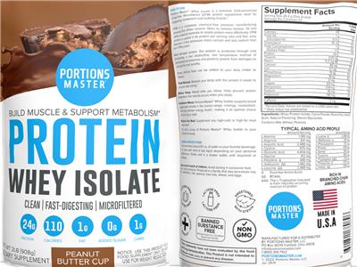 Portions Master Protein Whey Isolate Peanut Butter Cup product packaging