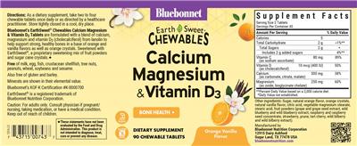 Bluebonnet EarthSweet Chewables Calcium Magnesium & Vitamin D3 Orange Vanilla Flavor source label used in the packaging illustration
