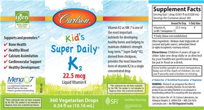 Carlson Kid's Super Daily K2 22.5 mcg source label used in the packaging illustration