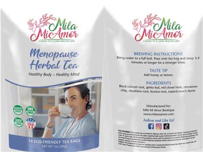MilaMiAmor Menopause Herbal Tea source label used in the packaging illustration