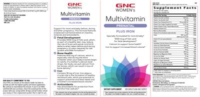 GNC Women's Multivitamin Prenatal Plus Iron source label used in the packaging illustration