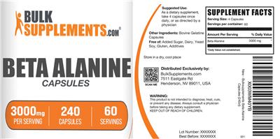 BulkSupplements.com Beta Alanine Capsules 3000 mg source label used in the packaging illustration