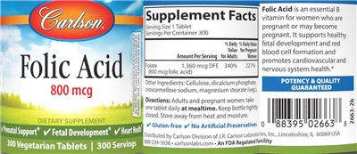 Carlson Folic Acid 800 mcg source label used in the packaging illustration