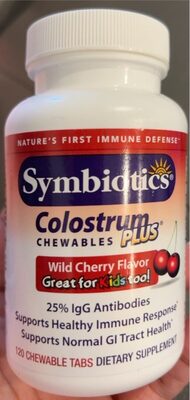 Symbiotics Colostrum Plus Chewables Wild Cherry Flavor source label used in the packaging illustration