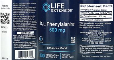 Life Extension D L-Phenylalanine 500 mg source label used in the packaging illustration
