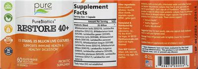 Pure Essence PureBiotics Restore 40+ source label used in the packaging illustration