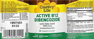 Country Life Active B12 Dibencozide 3000 mcg with Folic Acid source label used in the packaging illustration
