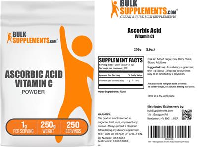 BulkSupplements.com Ascorbic Acid Vitamin C Powder 1 g source label used in the packaging illustration