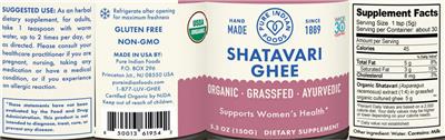 Pure Indian Foods Shatavari Ghee source label used in the packaging illustration