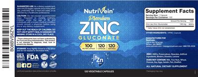 Nutrivein Premium Zinc Gluconate 100 mg source label used in the packaging illustration