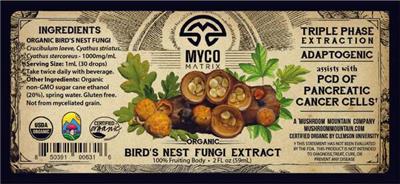 Mycomatrix Organic Bird's Nest Fungi Extract source label used in the packaging illustration