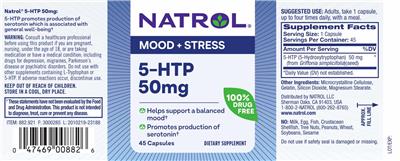 Natrol 5-HTP 50 mg source label used in the packaging illustration