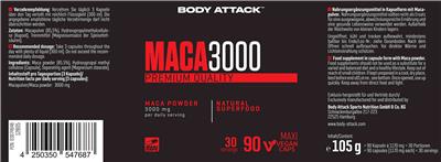 Body Attack Maca 3000 source label used in the packaging illustration