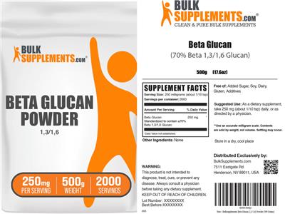 BulkSupplements.com Beta Glucan Powder 250 mg source label used in the packaging illustration