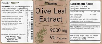 tnvitamins Olive Leaf Extract 9000 mg source label used in the packaging illustration
