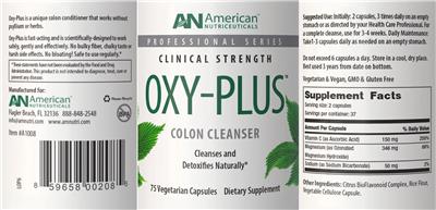 AN American Nutriceuticals Oxy-Plus Colon Cleanser source label used in the packaging illustration