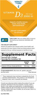 Vitality For Life Vitamin D3 2000IU (50 mcg) source label used in the packaging illustration