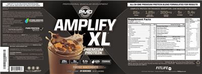 PMD Amplify XL Toffee Macchiato source label used in the packaging illustration