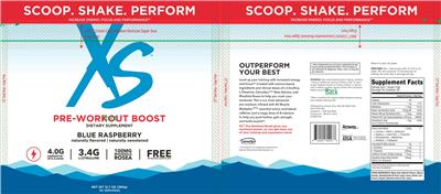 XS Pre-Workout Boost Blue Raspberry Flavored source label used in the packaging illustration