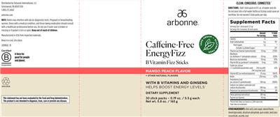 Arbonne Caffeine-Free EnergyFizz Mango Peach Flavor source label used in the packaging illustration