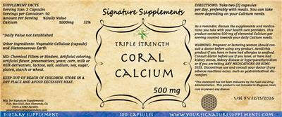 Signature Supplements Coral Calcium 500 mg source label used in the packaging illustration
