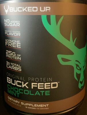 Bucked Up Buck Feed Original Protein Chocolate Mint source label used in the packaging illustration