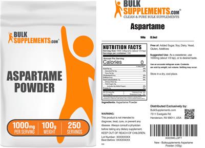 BulkSupplements.com Aspartame Powder 1000 mg source label used in the packaging illustration