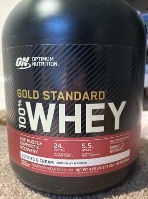 ON Optimum Nutrition Gold Standard 100% Whey Cookies & Cream source label used in the packaging illustration