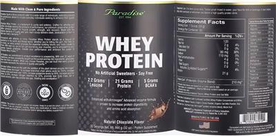 Paradise Whey Protein Natural Chocolate Flavor source label used in the packaging illustration