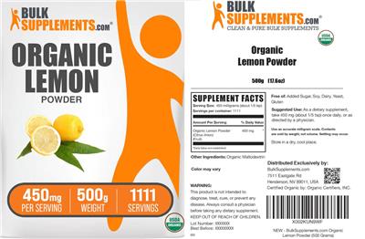 BulkSupplements.com Organic Lemon Powder 450 mg product packaging
