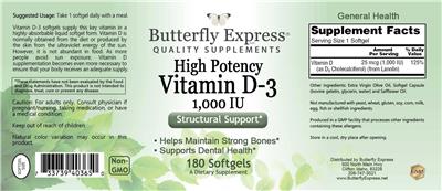 Butterfly Express High Potency Vitamin D-3 1000 IU source label used in the packaging illustration