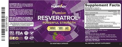 Nutrivein Premium Resveratrol+ Powerful Strength 1450 mg source label used in the packaging illustration