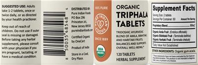 Pure Indian Foods Organic Triphala Tablets source label used in the packaging illustration