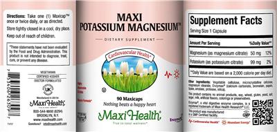 Maxi Health Maxi Potassium Magnesium source label used in the packaging illustration