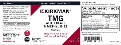 Kirkman TMG 500 mg with Folate & Methyl B-12 source label used in the packaging illustration