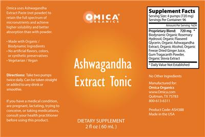 Omica Organics Ashwagandha Extract Tonic source label used in the packaging illustration