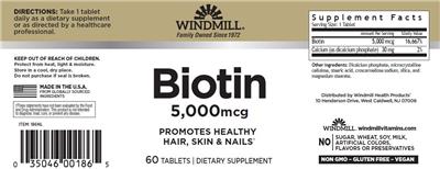 Windmill Biotin 5000 mcg source label used in the packaging illustration