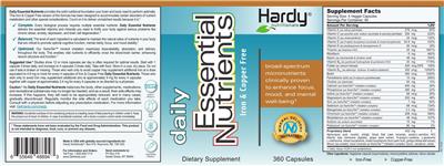 Hardy Nutritionals Daily Essential Nutrients Iron & Copper Free source label used in the packaging illustration