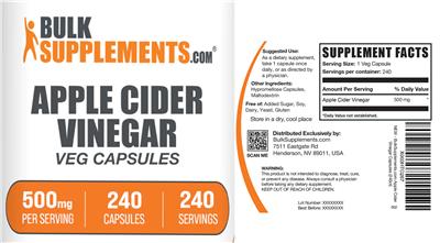 BulkSupplements.com Apple Cider Vinegar Veg Capsules 500 mg source label used in the packaging illustration