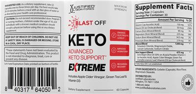 Justified Laboratories Blast Off Keto Extreme source label used in the packaging illustration