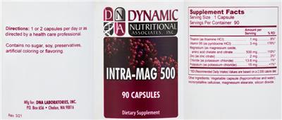 DNA Dynamic Nutritional Associates Intra-Mag 500 source label used in the packaging illustration