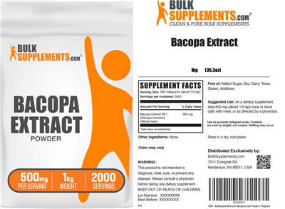 BulkSupplements.com Bacopa Extract 500 mg source label used in the packaging illustration