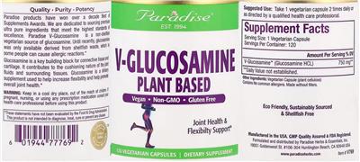 Paradise V-Glucosamine Plant Based source label used in the packaging illustration