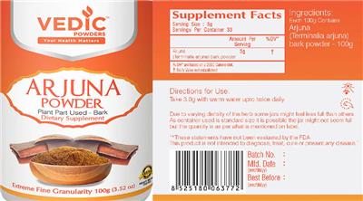 Vedic Powders Arjuna Powder source label used in the packaging illustration